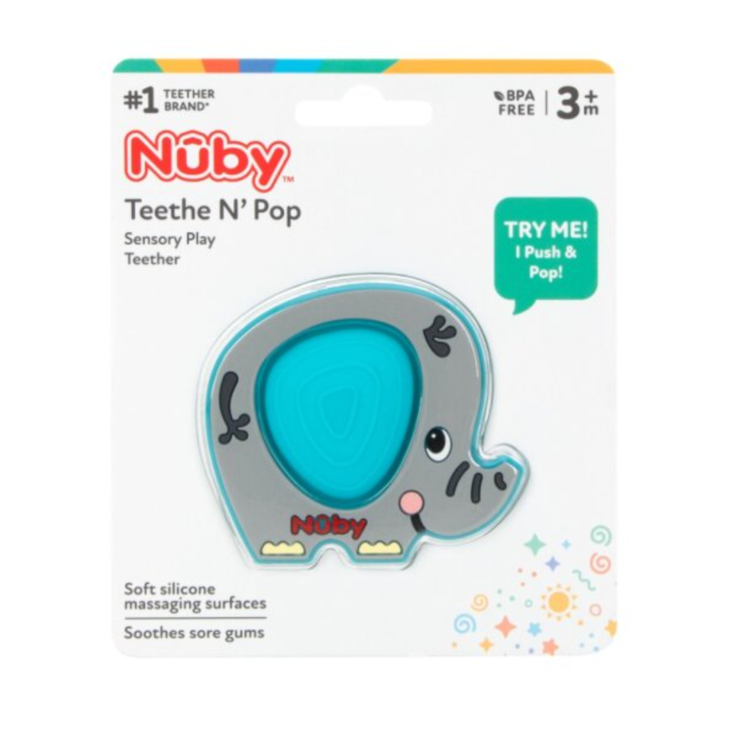 Mordedor Poppers De Silicona Elefante Nuby Blister x 1 ĦCalma las encías de tu bebé con diversión incluida! El Popper de Silicona con forma de Elefante no solo alivia las molestias de la dentición, sino que también entretiene a tu pequeño con su suave cen