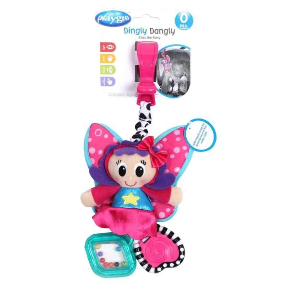 Movil Floss El Hada PlayGrow Blíster con cartón y gancho x 1 Floss el Hada es un móvil de peluche con texturas suaves, mordedor y cuentas sonoras. Ideal para estimular el desarrollo sensorial del bebé en casa o de paseo.
