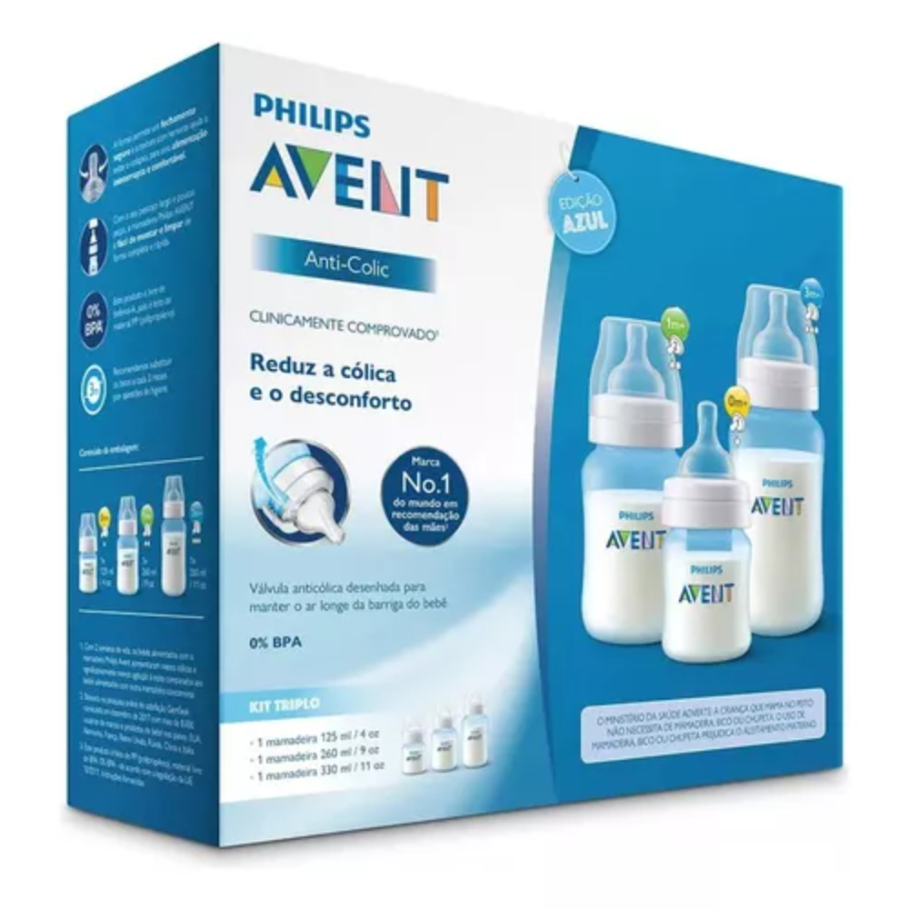 Phillips Avent Set Tetero Anticólico Azul Triple Pack SCY119/20 Avent Caja x 6 